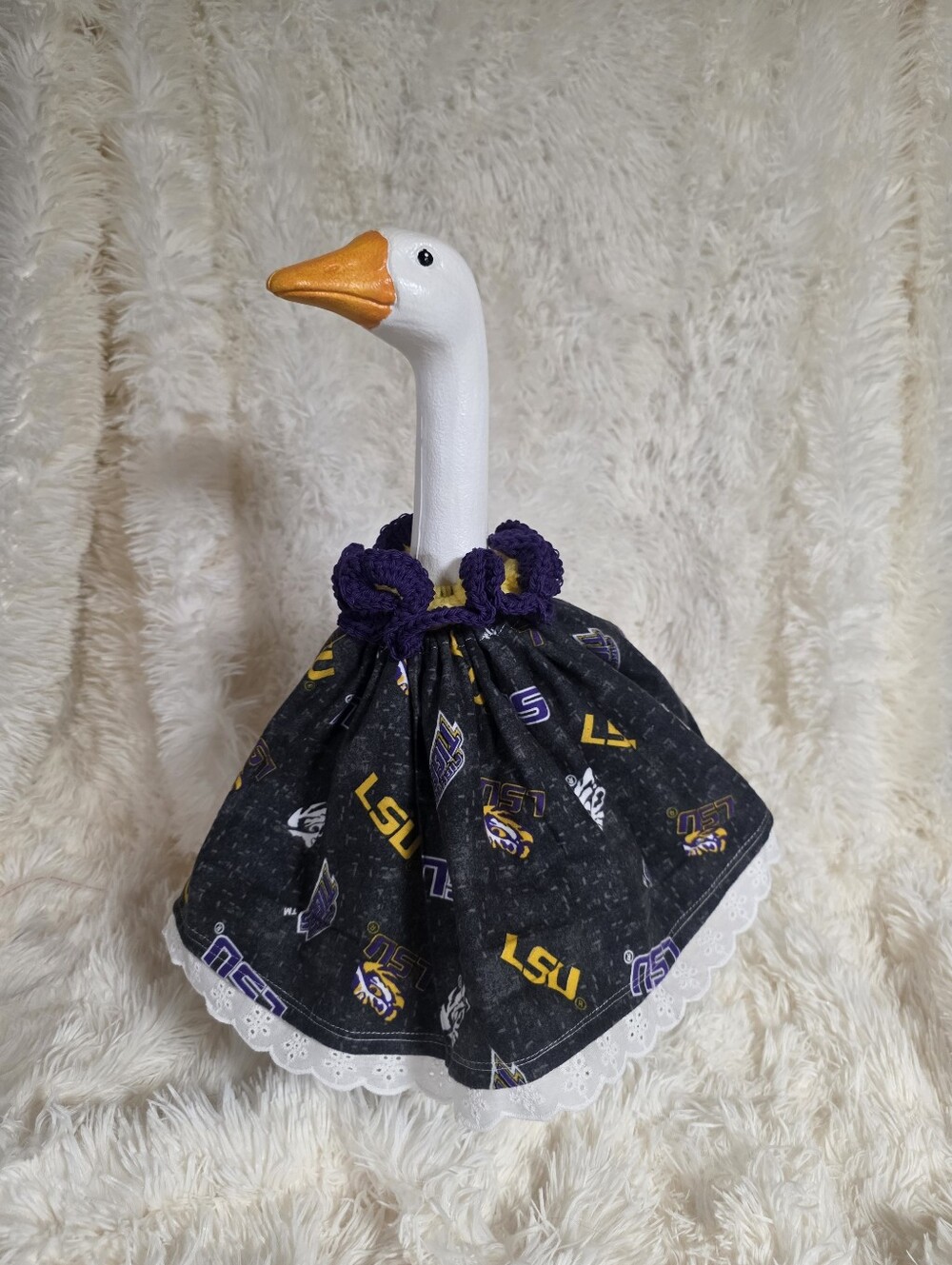 19" Handmade LSU Themed Decorative Goose Dress - Black & Purple